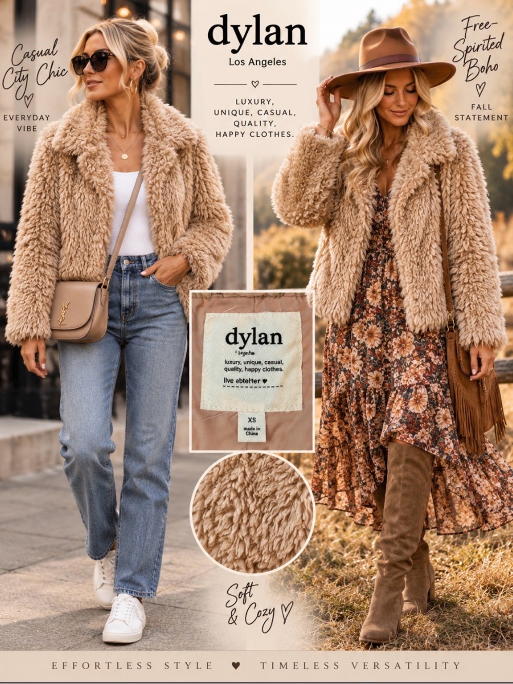 Dylan Los Angeles Faux Fur Teddy Jacket Tan Pink Shaggy Coat XS Luxury